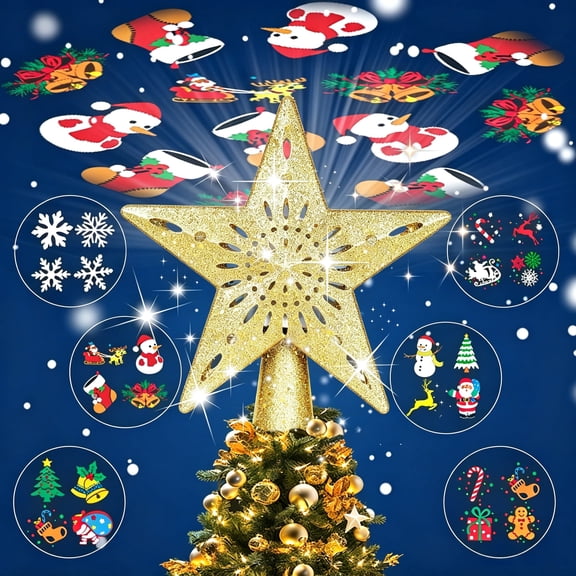 Christmas Star Tree Topper, Lights with 6 Projection Modes, Golden Star Christmas Tree Topper with Built-in LED Projector, Dynamic Projection for Christmas Party Holiday Decoration