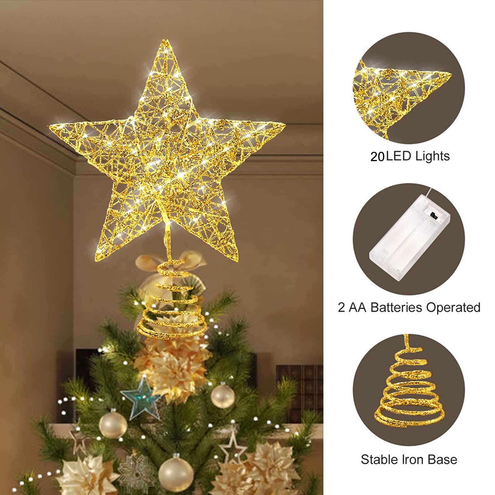 Christmas Star Tree Topper,Plug In Gold Glittered 3D Star Tree Topper ...