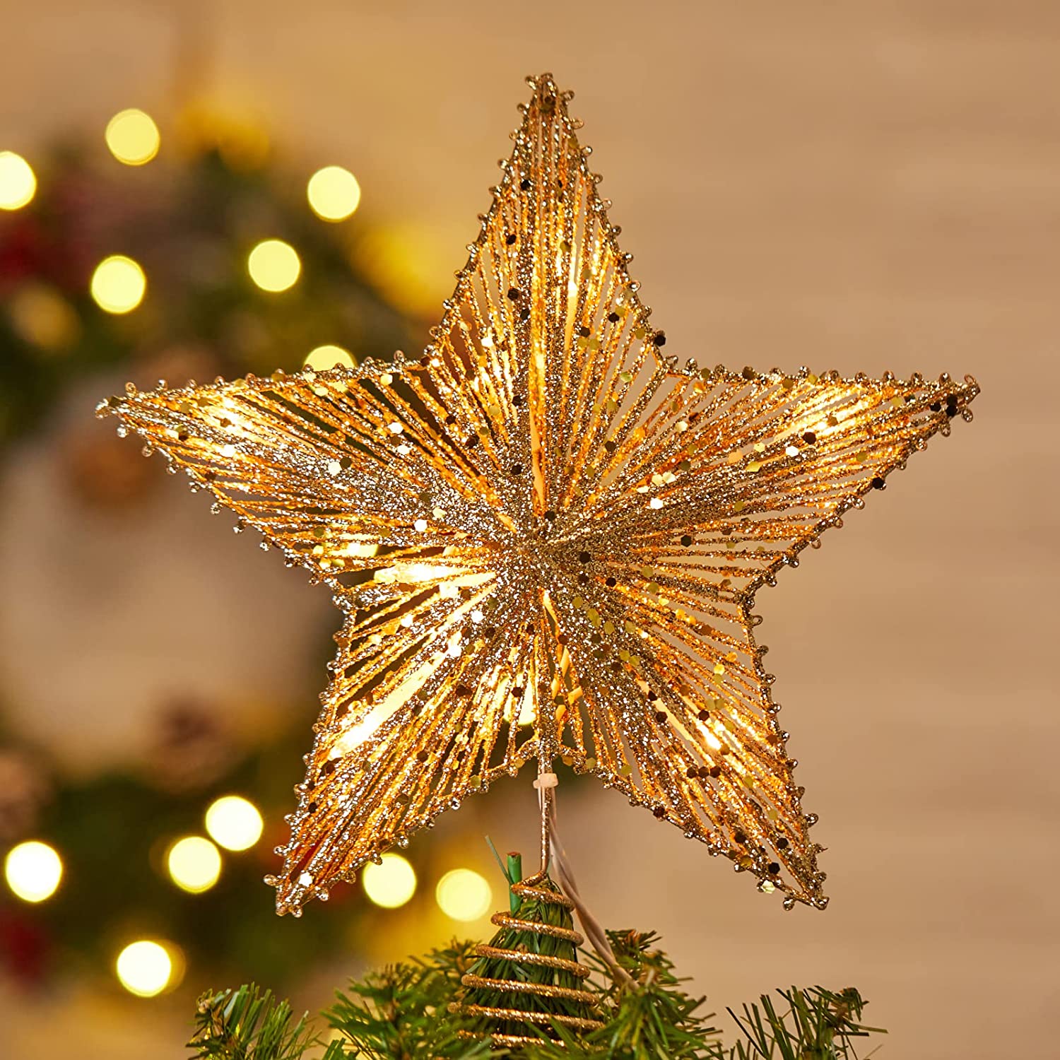 Christmas Star Tree Topper, Plug in Golden Glittered Metal Hollow