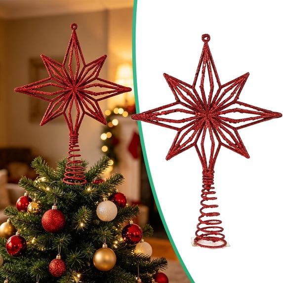 Christmas Star Tree Topper,Red Glitter Star,Christmas Tree Star with Holder, Glitter Star for Christmas Tree Top Decoration,Hollowed Christmas Tree Toppers,for Christmas Tree Home Xmas Party Decor