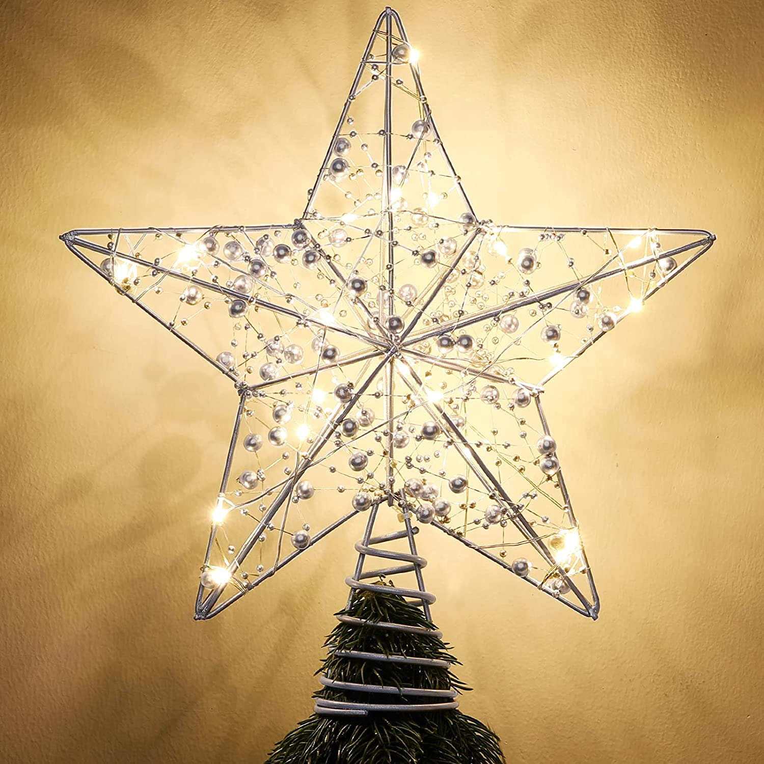 Christmas Star Tree Topper, Warm Star Lighted with Beaded Xmas Tree