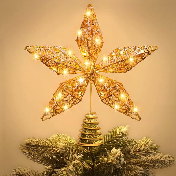 Christmas Star Tree Topper With LED Copper String Lights, Gold Hollow Glitter Decoration for Xmas New Year Holiday Decor