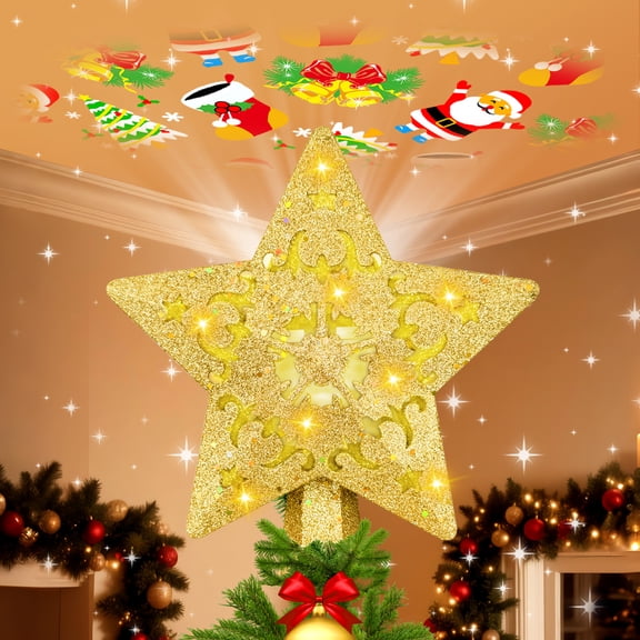 Christmas Star Tree Topper with 360 Rotating Snowflake LED Projector, 3D Hollow Sparkling Gold Star, Xmas Tree Top Ornament, Warm Light Holiday Decoration for Home, Office, Indoor Christmas Tree