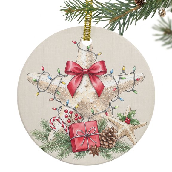 Christmas Starfish Ceramic Ornament 3 Inch Summer Tropical Ocean Pine Berry Bow Tie Round Porcelain Christmas Ornaments with Gold String for Holiday Party Xmas Tree Decor Gift for Friends Family