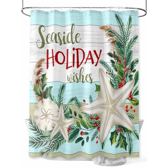 Christmas Starfish Ocean Small Stall Shower Curtain, Waterproof Shower Curtains for Bathroom, Coastal Tropical Plants Wood Washable Fabric Cloth Bath Curtain for Bathtub with Hooks 36x72 Inches