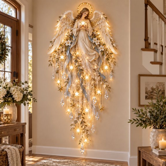 Heavenly Angel Blessing Wall Light, Starglow Cascading Glowing LED Christmas Decor, Warm Starry Night Light for Bedroom Living Room Entryway Holiday Home Decor