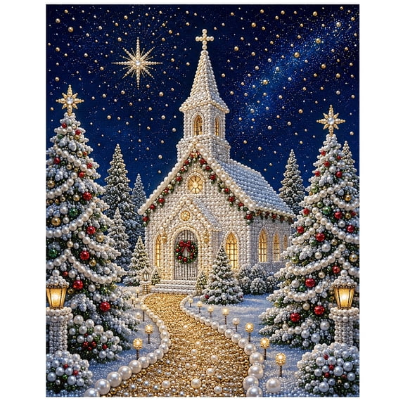 Christmas Starry Winter Church DIY Pearl Wall Painting Set Holiday Scenery Handcraft Art Kit Relaxing Adult Craft Project For Living Room Wall Decor