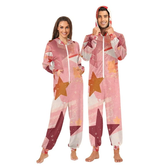 Christmas Stars Adult Onesie Pajamas Slim Fit Christmas One Piece Suit Pjs for Women and Men Hooded Zipper