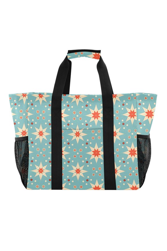 Christmas Stars and Dots Reusable Grocery Bags with Handle Side Pocket Waterproof Shopping Portable Tote