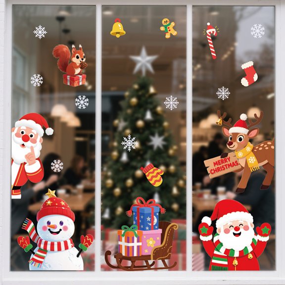 Christmas Static Window Clings Santa Claus and Reindeer 1 Sheet Reusable Window Decals