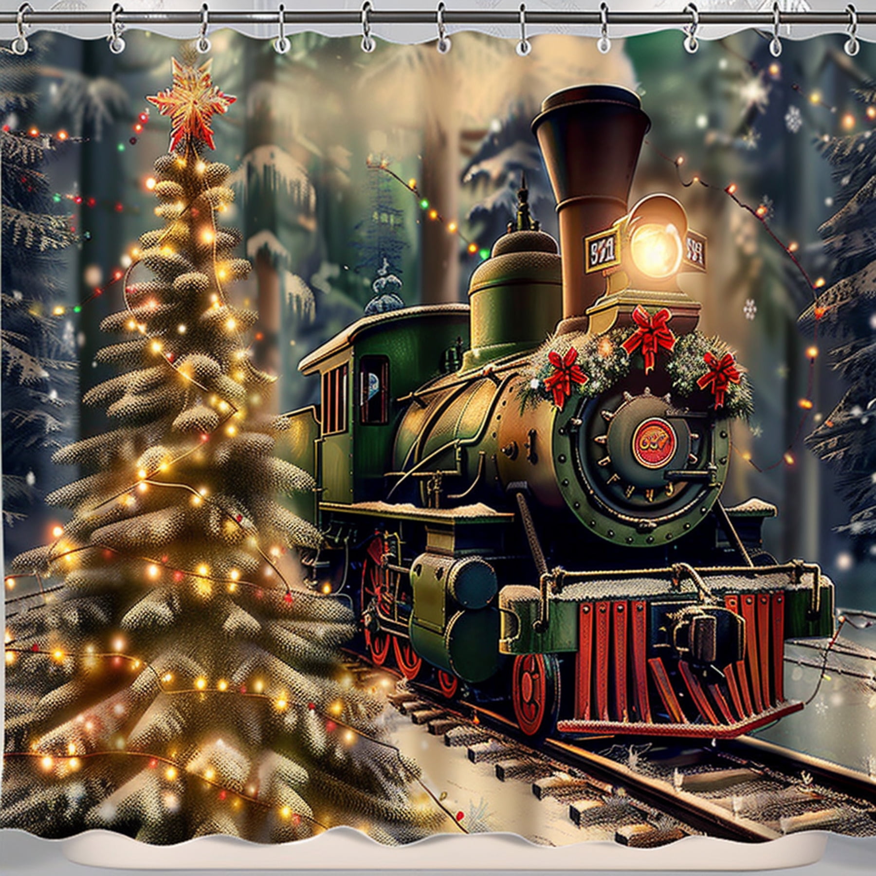 Christmas Steam Train Shower Curtain Festive Holiday Decor with Pine