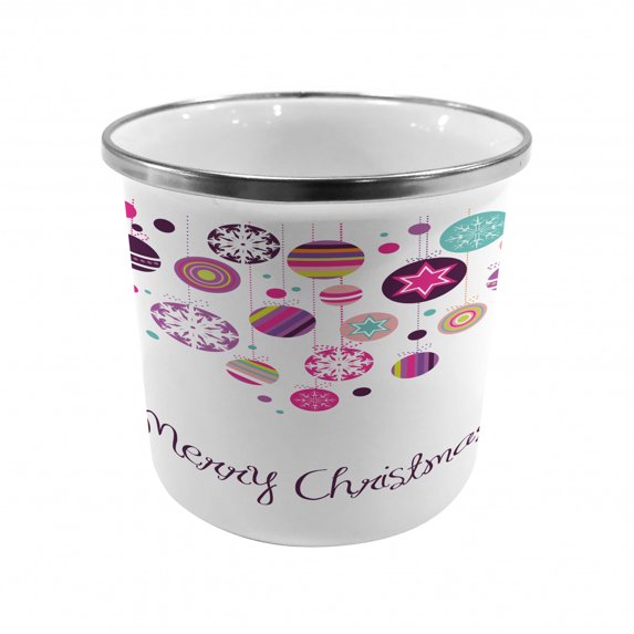 Christmas Steel Camping Mug, Colorful Graphic Baubles Retro Snowflake Ornaments Celebration Hand Writing, Printed Thermal Cup for Camping and Outdoor Activities, by Ambesonne