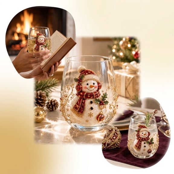 Christmas Stemless Wine Glass, Embossed Santa Snowman Reindeer and Tree Holiday Cup for Wine Cocktails Juice, Xmas Party Table Decor, Hostess Gift