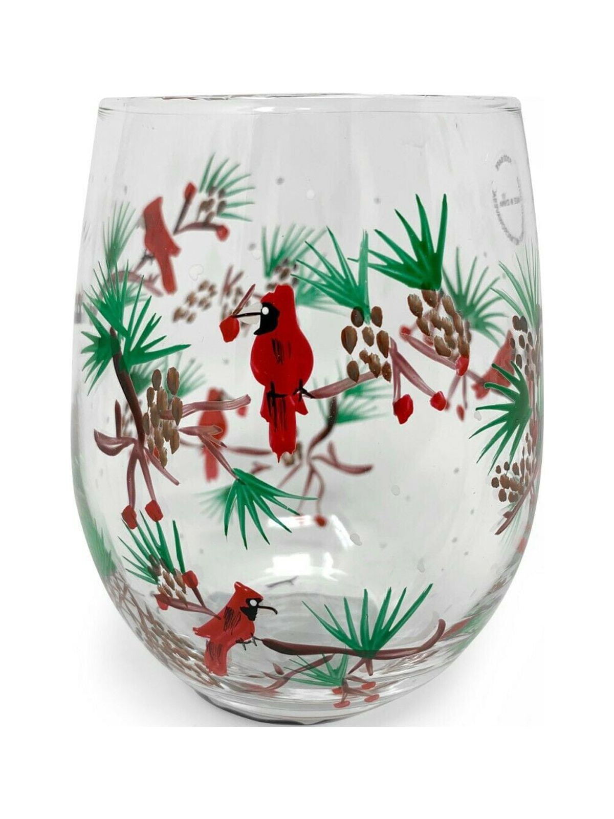 Cardinal Wine Glass Hand Painted Red Spirit Bird Snowy Tree Branches  Seasonal Holiday Winter Glassware Collectible Visitor From Heaven Gift 