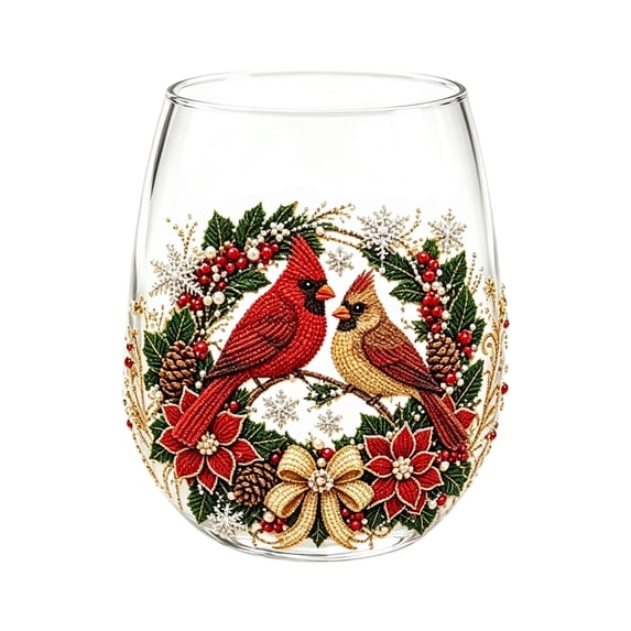Christmas Stemless Wine Glasses 15 oz Cardinal Drinking Glasses Red Cardinal Bird Tumbler Cups for Xmas Gift Women Winter Home Office Party Supplies 1Pc (#B)