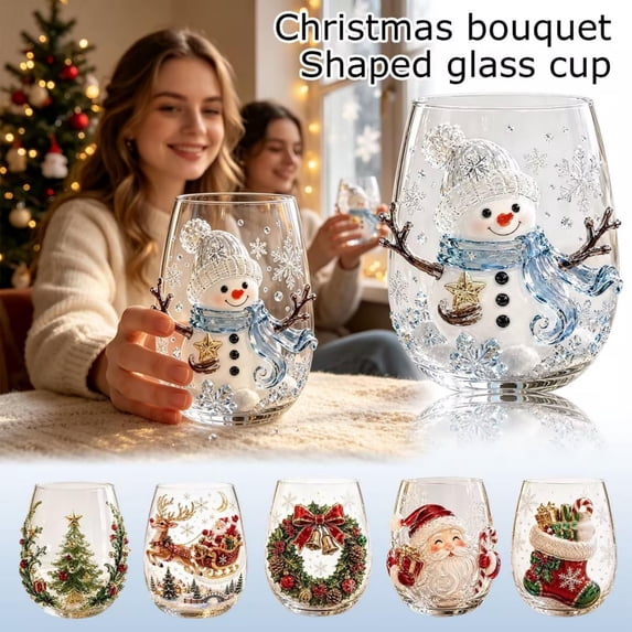 Christmas Stemless Wine Glasses 3D Relief Art Glass Cups Decorative Drinkware Unique Festive Gift for Entertaining