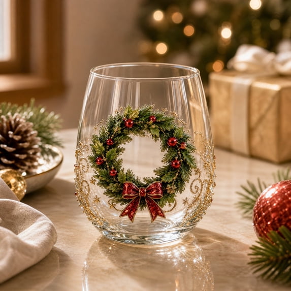 Christmas Stemless Wine Glasses, Embossed Holiday Tumbler Cups Set for Party, Festive Table Decor