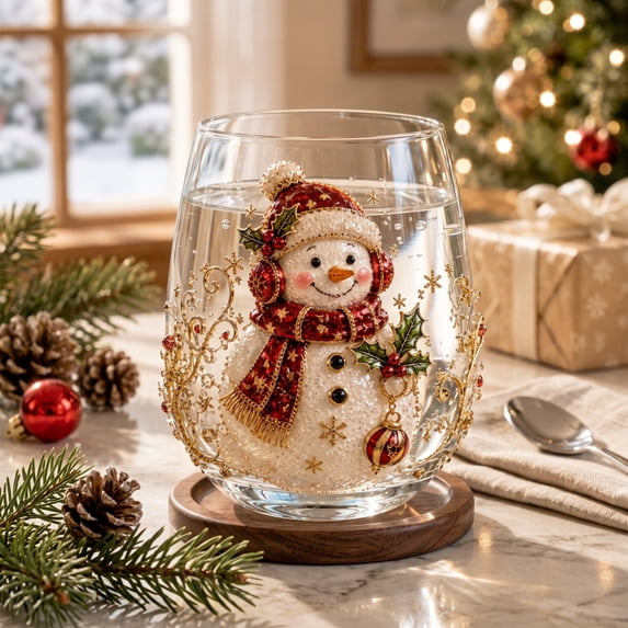 Christmas Stemless Wine Glasses, Embossed Holiday Tumbler Cups for Party, Festive Table Decor