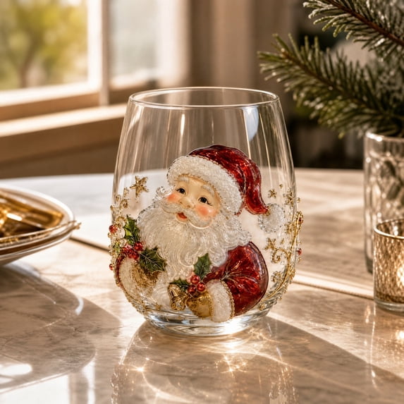 Christmas Stemless Wine Glasses, Embossed Holiday Tumbler Cups for Party, Festive Table Decor