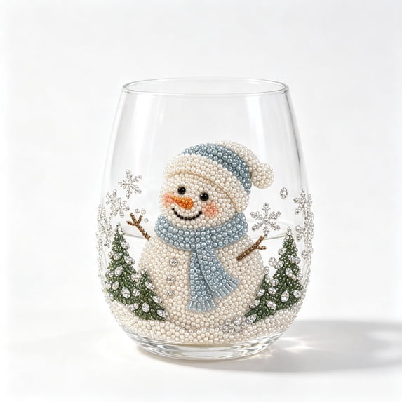 Christmas Stemless Wine Glasses Rhinestone Beaded Holiday Tumbler Cups Set of 6 Santa Snowman Reindeer Xmas Decor Glassware Gift