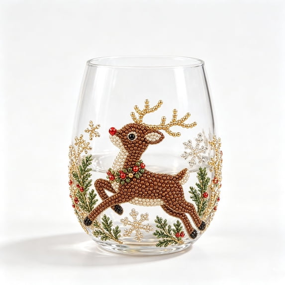 Christmas Stemless Wine Glasses, Sparkling Beaded Holiday Tumbler Cups, Festive Glassware Gift Set with Reindeer Design for Parties