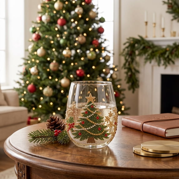 Christmas Stemless Wine Glasses, Sparkling Rhinestone Beaded Holiday Tumbler Cups, Xmas Decor Glassware Gift Set for Christmas Parties and Home, 15oz