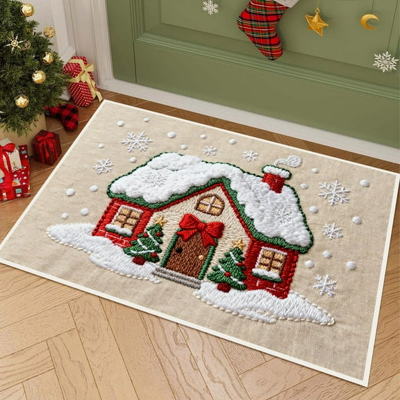 Christmas Stereoscopic Embroidery Door Mat | Absorbent Nonslip Kitchen & Bathroom Rug | 16x24 Inch Holiday Floor Mat for Entryway & Sink Area