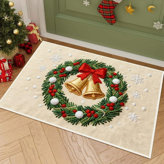 Christmas Stereoscopic Embroidery Door Mat | Absorbent Nonslip Kitchen & Bathroom Rug | 16x24 Inch Holiday Floor Mat for Entryway & Sink Area