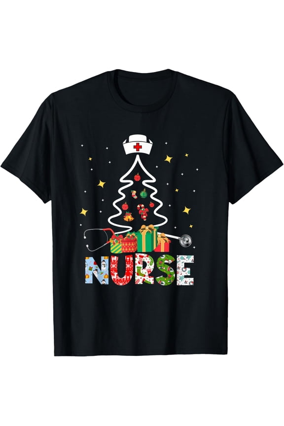 Christmas Stethoscope Xmas Tree Merry Christmas Nurse Funny Creative Graphic T-Shirt