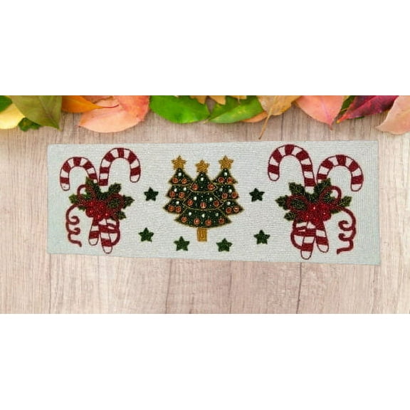 Christmas Stick Design Table Runner, Beaded Christmas Tree Table Runner, Designer Table Topper 13X36 Inch