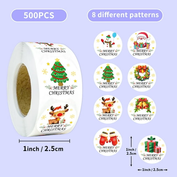 Christmas Stickers 500 Pcs Roll Gift Sticker Christmas Stickers for Kids Holiday Pack Gift Christmas Decorating Merry Christmas Stickers Roll Multicolor