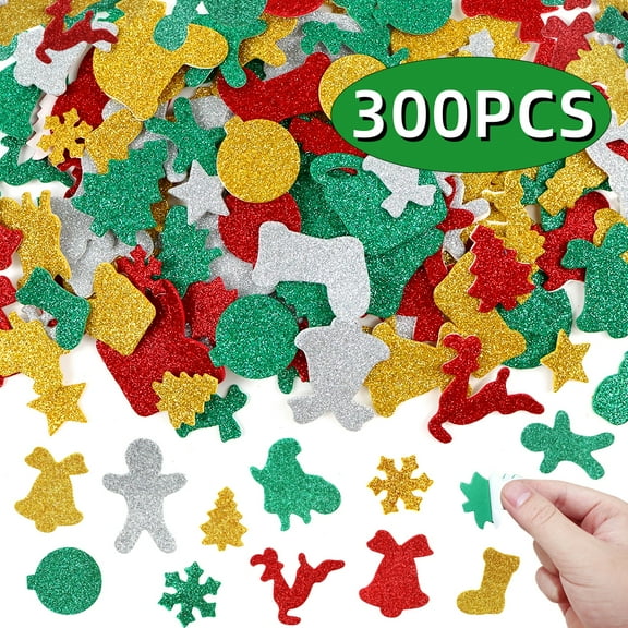Christmas Stickers for Craft Glitter Self Adhesive Felt Stickers Snowflake Santa Bell Sticker for Xmas Gift Box BagTree, Greeting Cards DIY Decoration 300Pcs Design 1