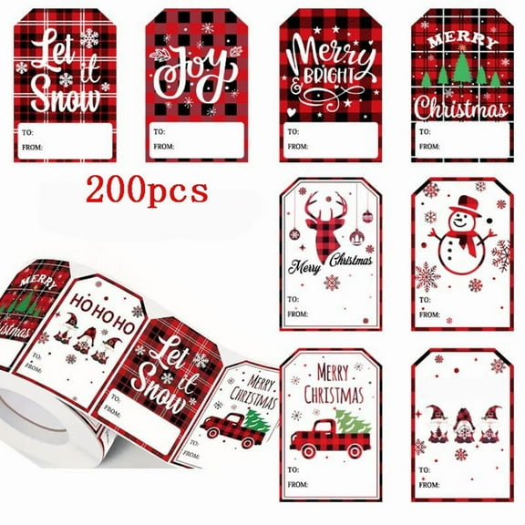 Christmas Stickers Roll – 200PCS Kraft Gift Tag Labels for Holiday Wrapping – Writable Adhesive Name Tags with Festive Designs for Presents & Decorations