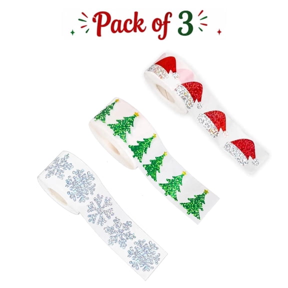 Christmas Stickers Roll, 3 Pack 500 Stickers per Roll, 1.2in Self-Adhesive Holiday Labels with Snowflake Tree Hat Designs for Gifts Envelopes Cards Party Supplies