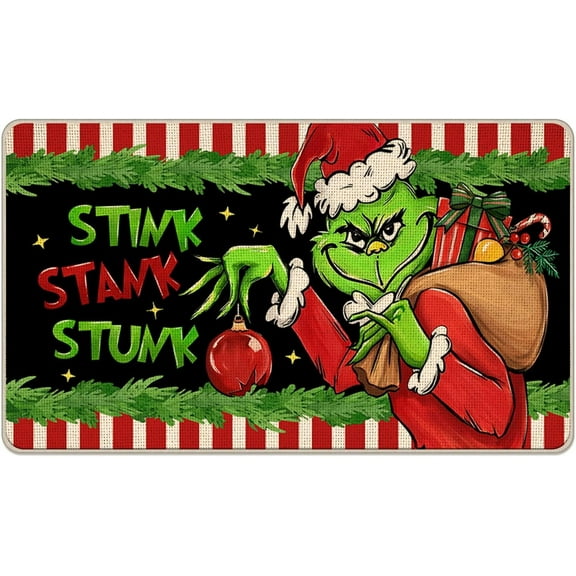 Christmas Stink Stank Stunk Decorative Front Door Mat, Green Xmas Gifts Red White Stripe Doormat Indoor Outdoor Non-Slip Floor Entryway Rug, Funny Holiday Home Kitchen Decoration 17x29 Inch