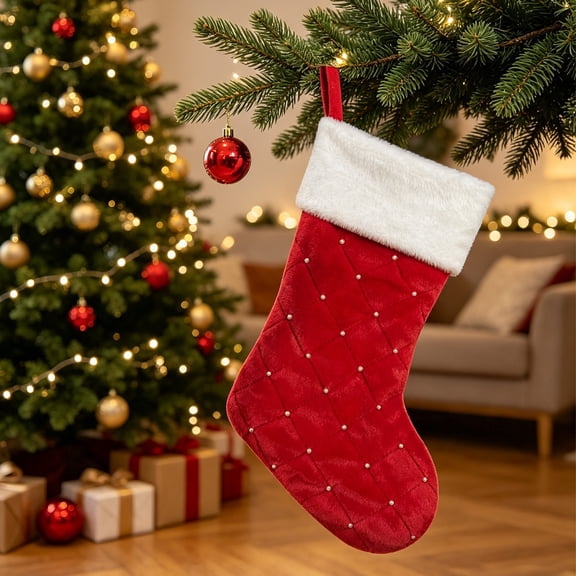 Christmas Stocking 16.1x9 Inch Red Quilted Stocking with White Cuff for Fireplace Tree Hanging Holiday Decor