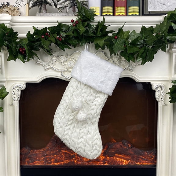 Christmas Stocking 16 Inch Knitted Hanging Sock, Elf Dwarf Gift Bag for Fireplace Mantel, Xmas Tree Decor, Holiday Home & Office Party Decoration Supplies White