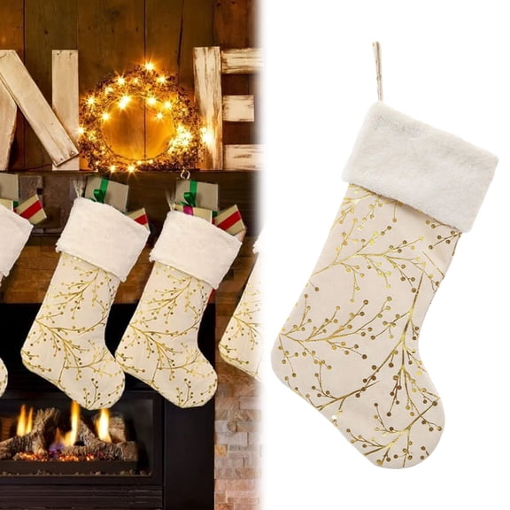 Christmas Stocking,21.65 Inch Faux Fur Sequin Berries Branches Christmas Stockings,Snowy Christmas Stockings Hanging Ornaments Candy Gift Bags for Christmas Decorations,Gold