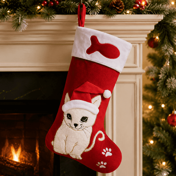 Christmas Stocking 21 Inch Pet Christmas Stockings with White Cat Embroidered Cat Christmas Stocking with Plush Faux Fur Cuff Large Xmas Stocking for Fireplace Mantel, Tree Decoration, Candy Gif