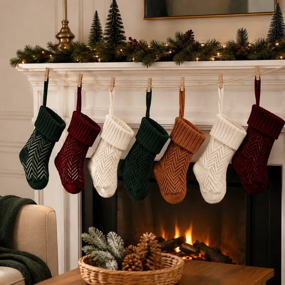 Christmas Stocking, 7-piece set, hanging holiday stocking for fireplace mantels, stair rails, walls, gift holders and family Christmas decor