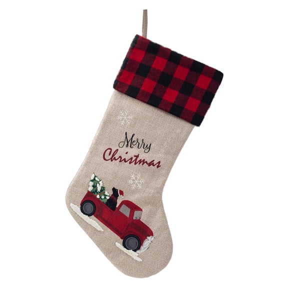 Christmas Stocking Buffalo Plaid Trim, 18.5 Inch Vintage Xmas Stocking with Red Truck Pattern Christmas Trees Fireplace Decoration
