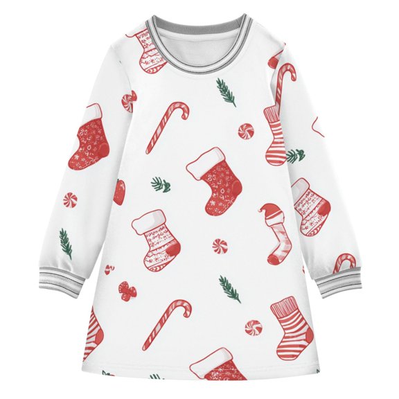 Christmas Stocking Candy Canes Leaves Strawberries Long-sleeved Dress A-line One-Piece Dress for 2-8 Years Casual Party 5-6Y