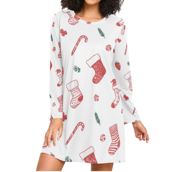 Christmas Stocking Candy Canes Leaves Strawberries Women's Long Sleeves Nightgowns Sleepwear Soft Pajama A-line Sleep Dress XXXL