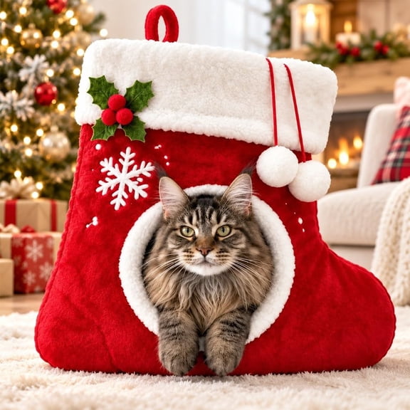 Christmas Stocking Cat Bed, Warm Plush Enclosed Cat Cave House for Indoor Cats, Cozy Pet Hideaway Nest with Anti-Slip Base