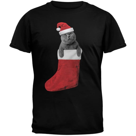 Christmas Stocking Cat Black Adult T-Shirt
