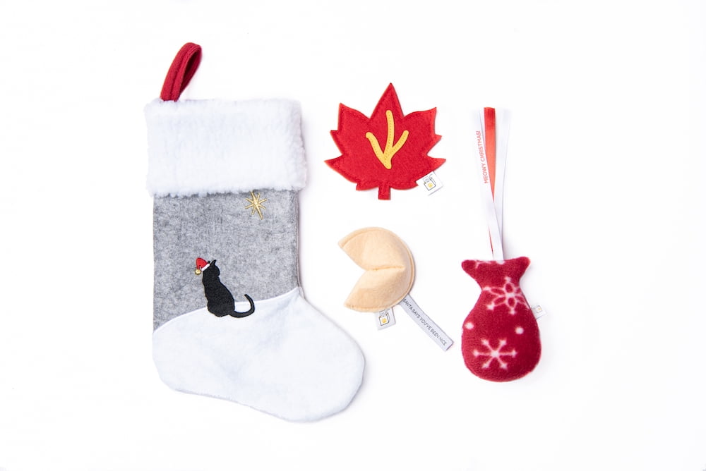 Christmas Stocking for Cats with 3 Holiday Toys, Including Fortune Cookie (with message from Santa), Fleece Fish (wishing "Meowy Christmas"), and Crinkly Fall Leaf