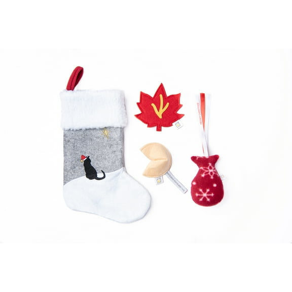 Christmas Stocking for Cats with 3 Holiday Toys, Including Fortune Cookie (with message from Santa), Fleece Fish (wishing "Meowy Christmas"), and Crinkly Fall Leaf