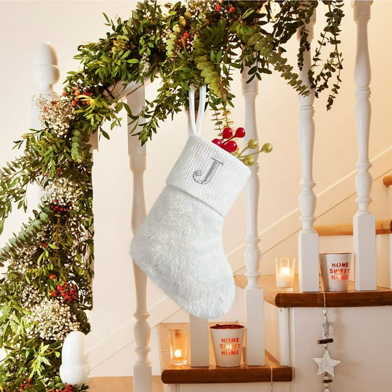 Christmas Stocking Charm Gift Stocking 9 inch Cozy Faux Fur Embroidered Letter Classic Knit Christmas Stocking Personalized Xmas Hanging Decoration Home Farmhouse Fireplace Christmas Decor