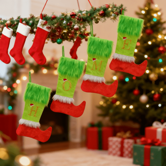 Christmas Stocking, Christmas Stocking with Initials, Large Embroidered Letter Xmas Stockings, Monogram Knitted Xmas Stocking, Christmas Party Fireplace Family Hanging Decorations