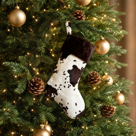 Christmas Stocking, Cow Print Design with Bow, Hanging Gift Storage Bag for Fireplace and Tree, Christmas Decorations